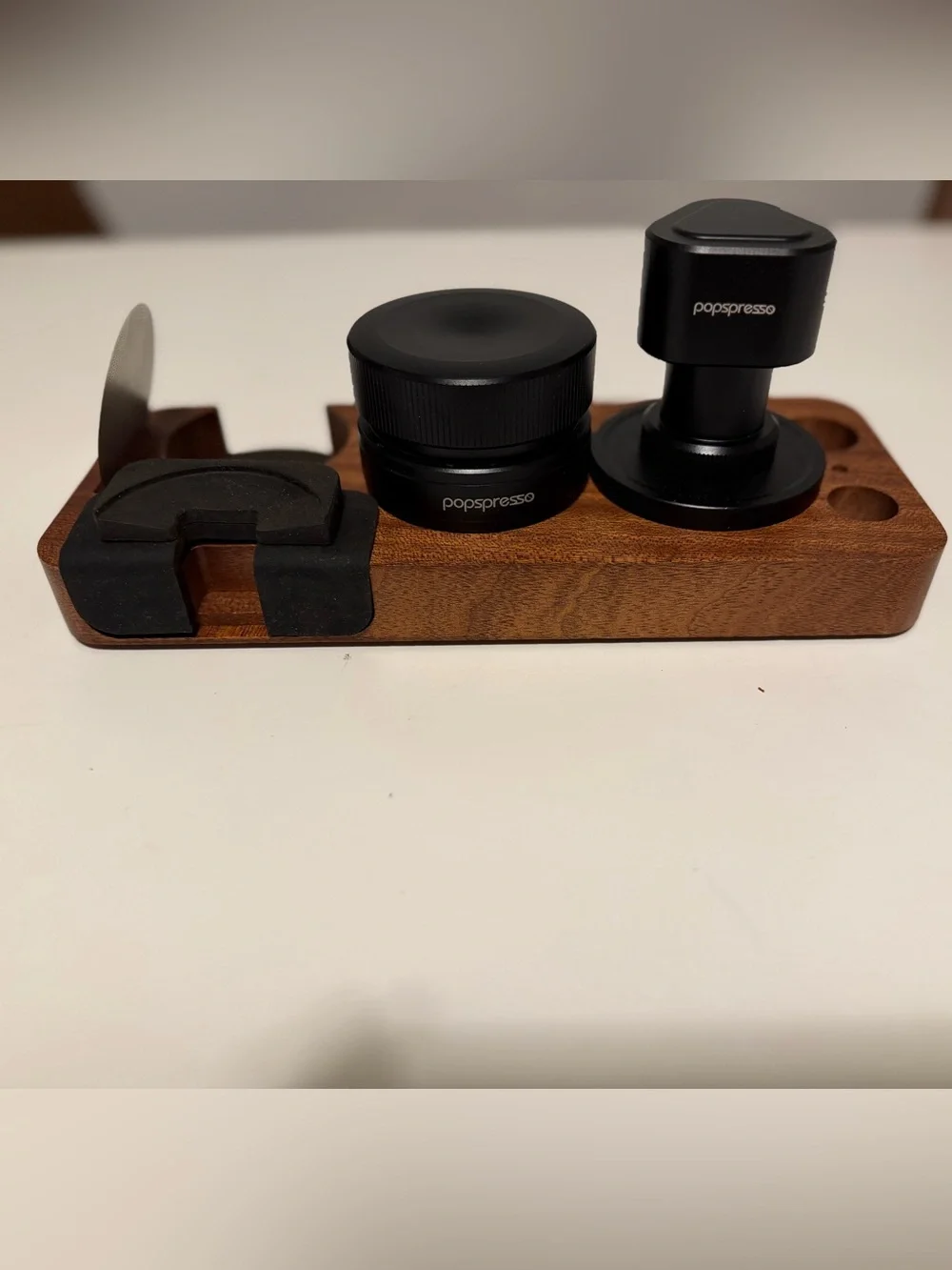 Popspresso Black Coffee Tamper and Distributor 58mm Set with Wooden Stand